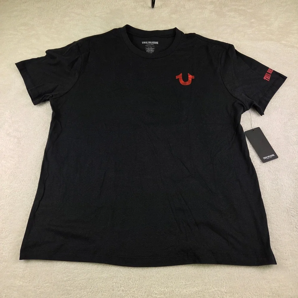 True Religion Mens Jet Black FFTS Circ Graphic T-Shirt Red Foil Logo 701595 XXL